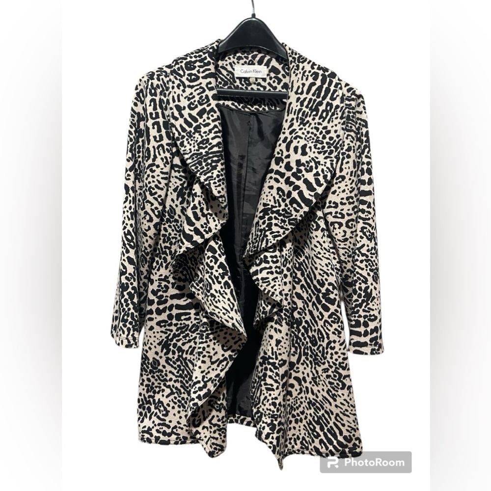 Calvin Klein Open Cardigan Duster Leopard Print Black Beige Ruffled